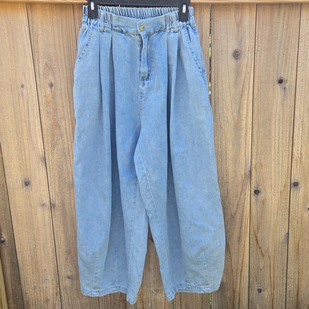 Betty Chow Light Wash Pleated Wide Leg Balloon Jeans High Rise Elastic Waist